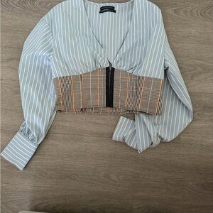 Urban Outfitters Blue Striped and Plaid Blouse